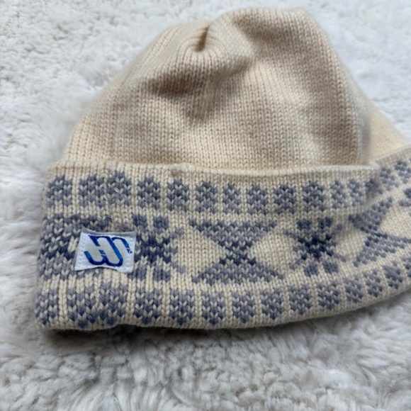 Murray Merkley Vintage Handmade 100% Wool Winter Beanie Ski Hat Ivory Blue - Picture 2 of 5